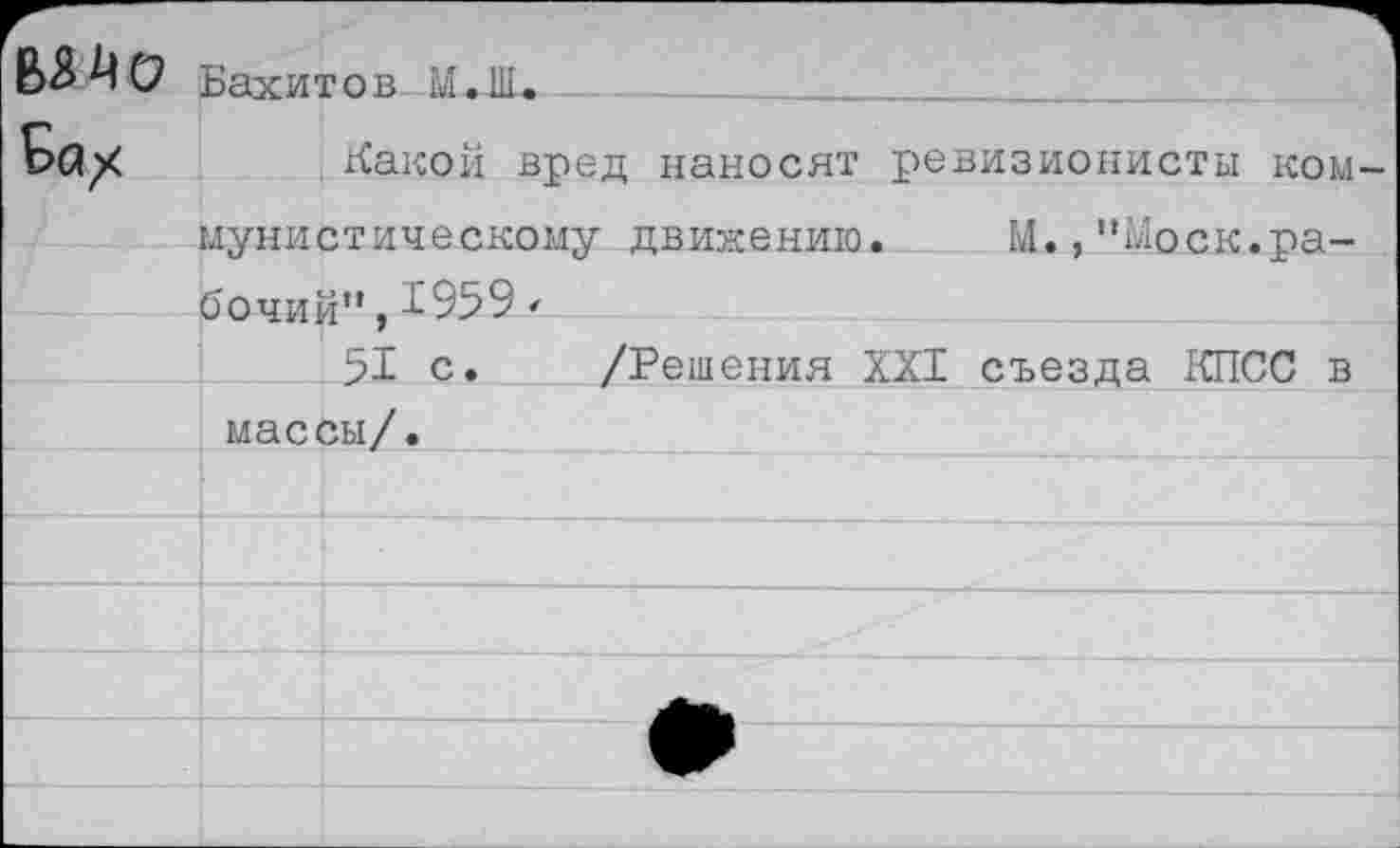 ﻿ВЗЙС? Вахитов М.Ш.
Ба/	Какой вред наносят ревизионисты ком
мунистическому движению. М.,"Моск.рабочий” ,^959'
51 с. /Решения XXI съезда КПСС в массы/.